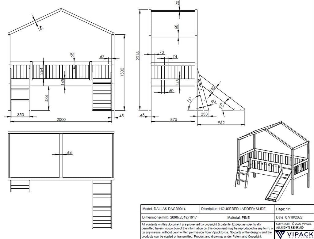 Pat tip casuta cu tobogan DALLAS 90X200CM / Alb - Vipack - PARIS14A.RO