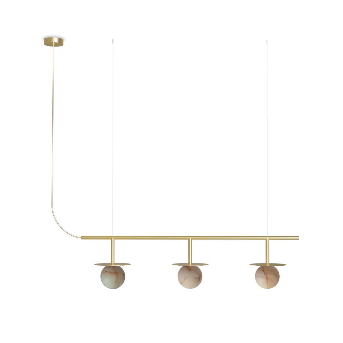 Candelabru suspendat premium Robin Royal Pendant Chandelier Linear – alamă aurie, alabastru, cablu textil, LED – iluminat design pentru masă și bucătărie