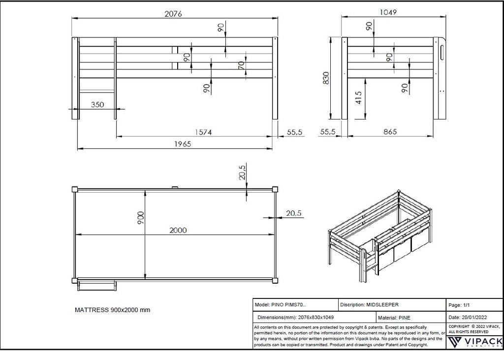 Set gri cu 3 sertare pentru patul PINO - Vipack - PARIS14A.RO