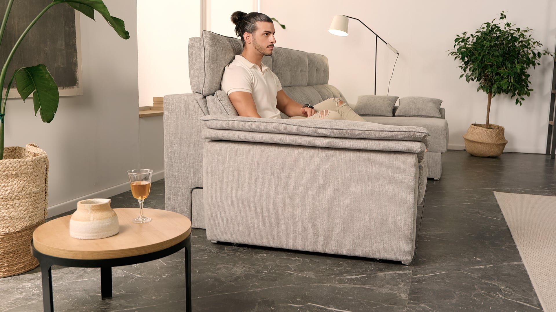 ACOMODEL canapea extensibilă cu colțar Kim | textil | Bej | 356x104x159 cm