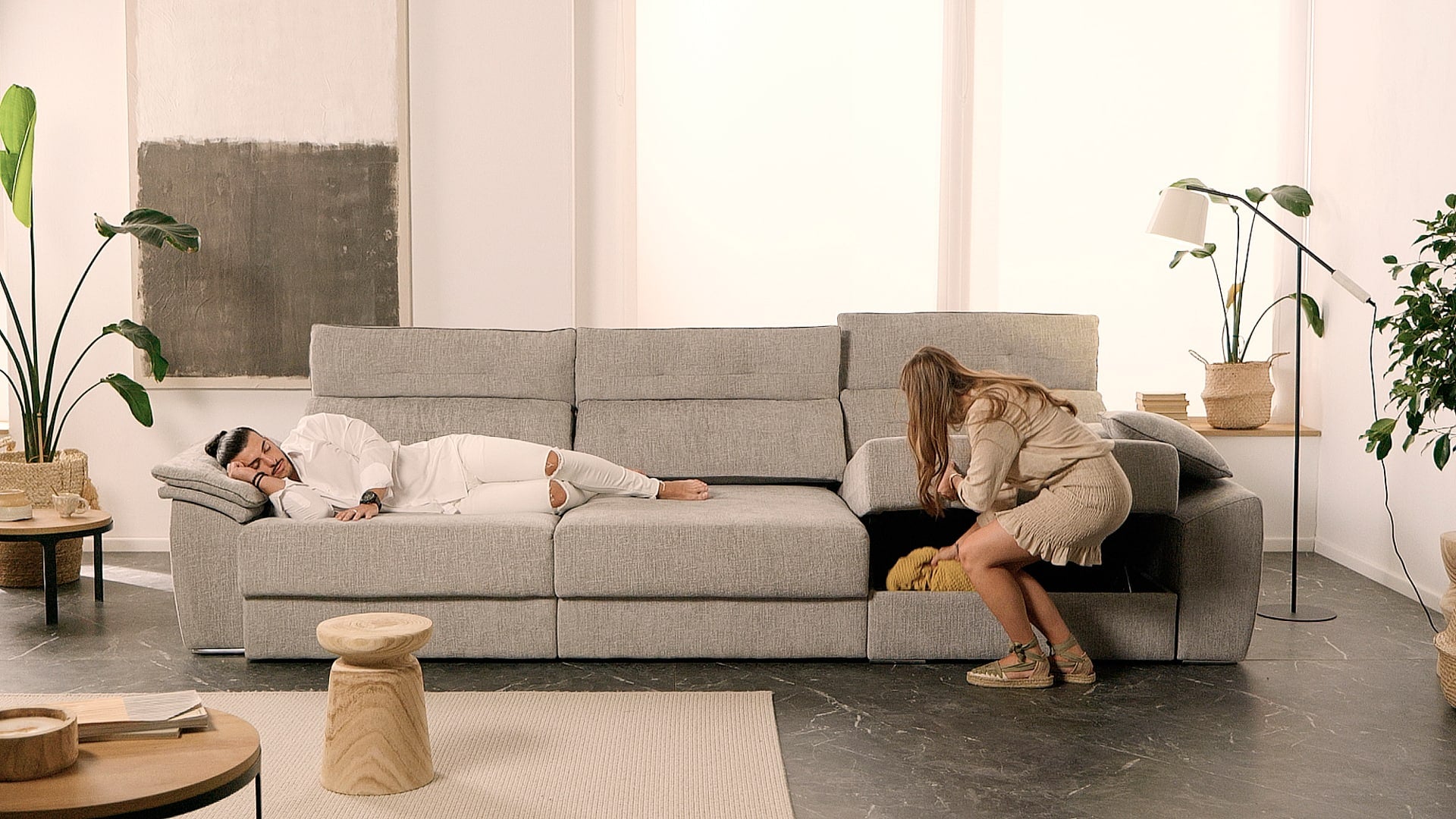ACOMODEL canapea extensibilă cu colțar Kim | textil | Bej | 356x104x159 cm