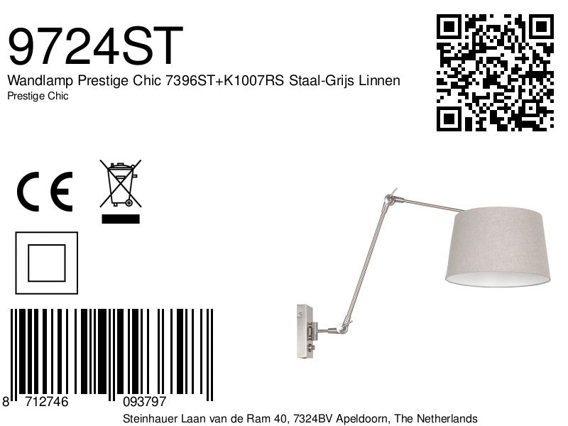 Lampă de perete Prestige Chic 7396ST+K1007RS Oțel-Gri cu material textil de culoare gri