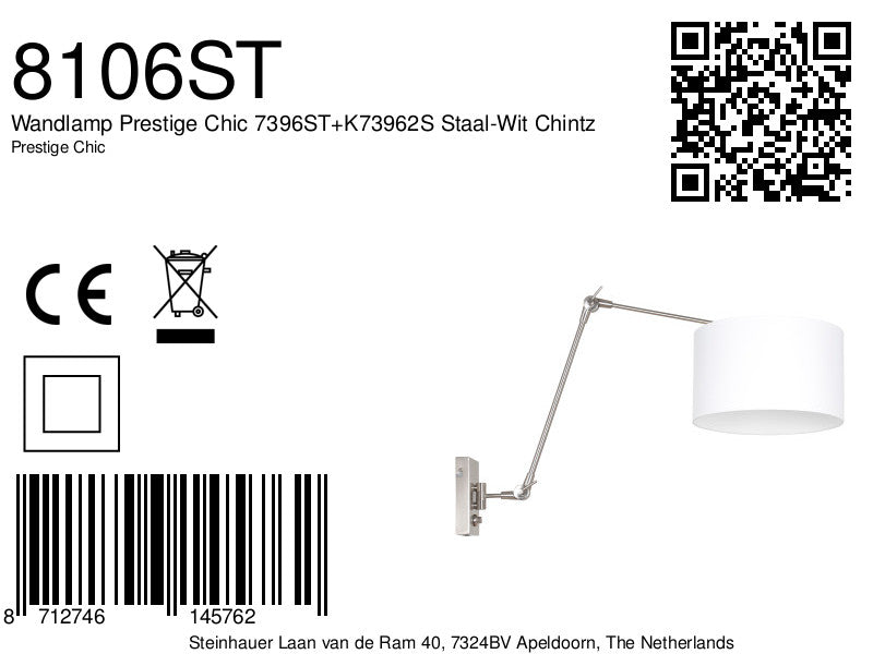 Lampă de perete Prestige Chic 7396ST+K73962S Oțel-Alb Chintz