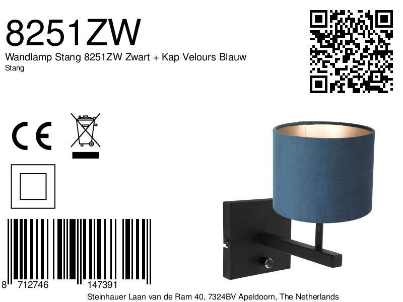 Lampă de perete Stang 8251ZW Negru + Abajur Velur Albastru - PARIS14A.RO