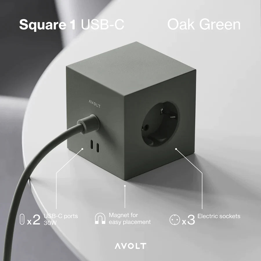 Prelungitor tip cub Square 1, 3 prize, 2 USB tip C - Culoare Oak Green - Avolt