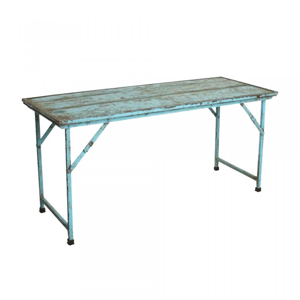 Masa dining albastra din fier si lemn 62x153 cm Market Raw Materials - PARIS14A.RO