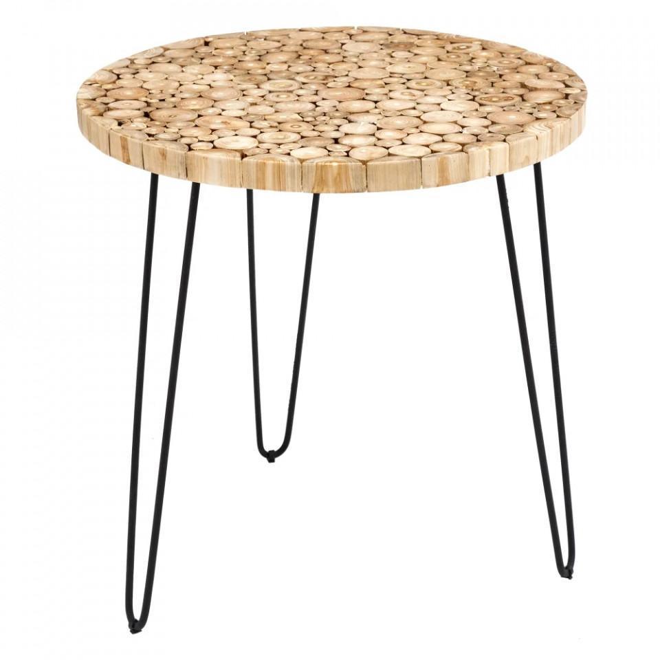 Masa dining maro/neagra din lemn de tec si fier 75 cm Binia Round - PARIS14A.RO
